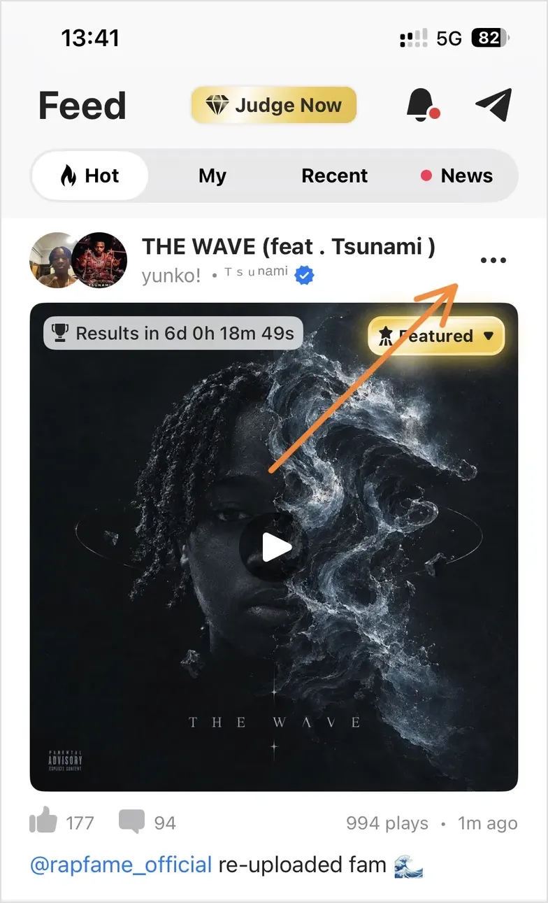 Three dots button at the top right of a track in the Feed